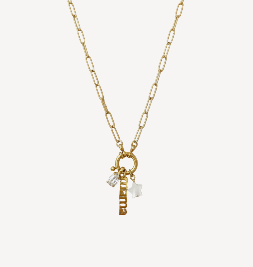 Cada eslabón cuenta tu historia de amor.
El Collar Eslabones Mamá es mucho más que una joya: es un homenaje a los vínculos más importantes de tu vida. Personalízalo con 3 charms que representen a tus seres queridos y lleva siempre cerca de tu corazón lo que más amas. Perfecto para mamás que quieren llevar a su familia consigo a cada paso.
- Material: Acero inoxidable 316L - Hipoalergénico. Sin níquel, sin plomo.
- Acabado: Baño oro 18k.
- Incluye: 3 charms personalizables
- Longitud: 40 + 5 cm