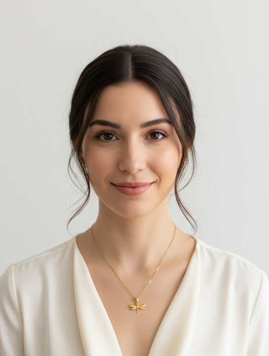 Delicado collar con colgante de libélula bañado en oro 18k. Acero inoxidable de alta calidad, sin níquel ni plomo. Resistente al agua y ajustable. Una joya que transmite ligereza y armonía.
