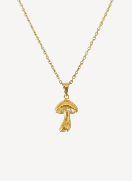 Collar de seta en acero inoxidable 316L con baño de oro 18k. Diseño mágico inspirado en la naturaleza y mundos de fantasía. Hipoalergénico, resistente al agua. Longitud ajustable 40+5cm.
