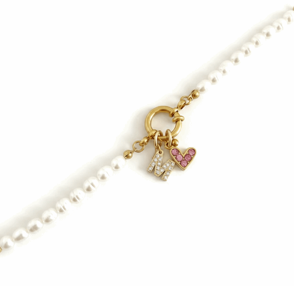 PULSERA PERLAS CORAZÓN CIRCONITAS CON INICIAL