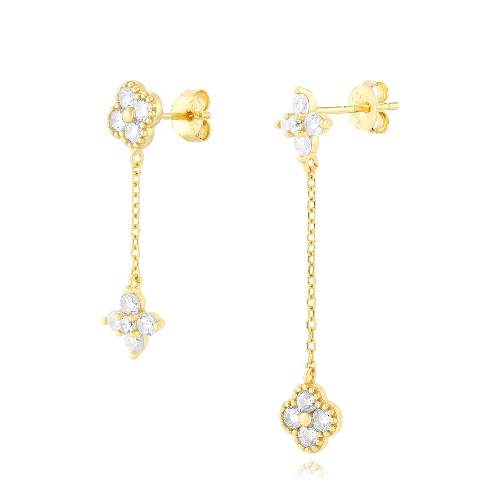 PENDIENTES FLOR Y TREBOL CIRCONITAS  EN PLATA DE PRIMERA LEY 925 - ESENZAIA JOYERIA Y EVENTOS