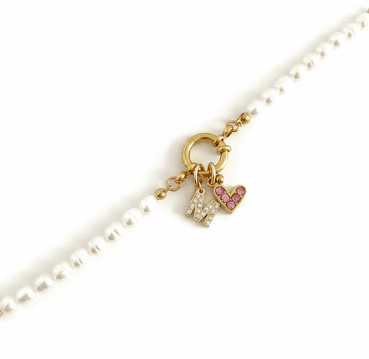 PULSERA PERLAS CORAZÓN CIRCONITAS CON INICIAL