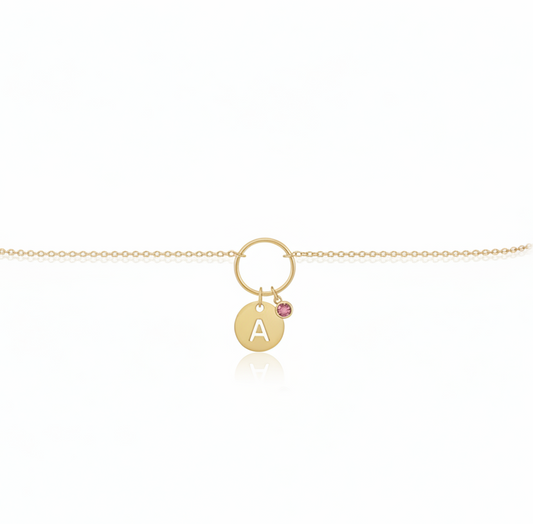 PULSERA ARO DE AMOR  CON INICIAL REDONDA Y CIRCONITA EVENTOS