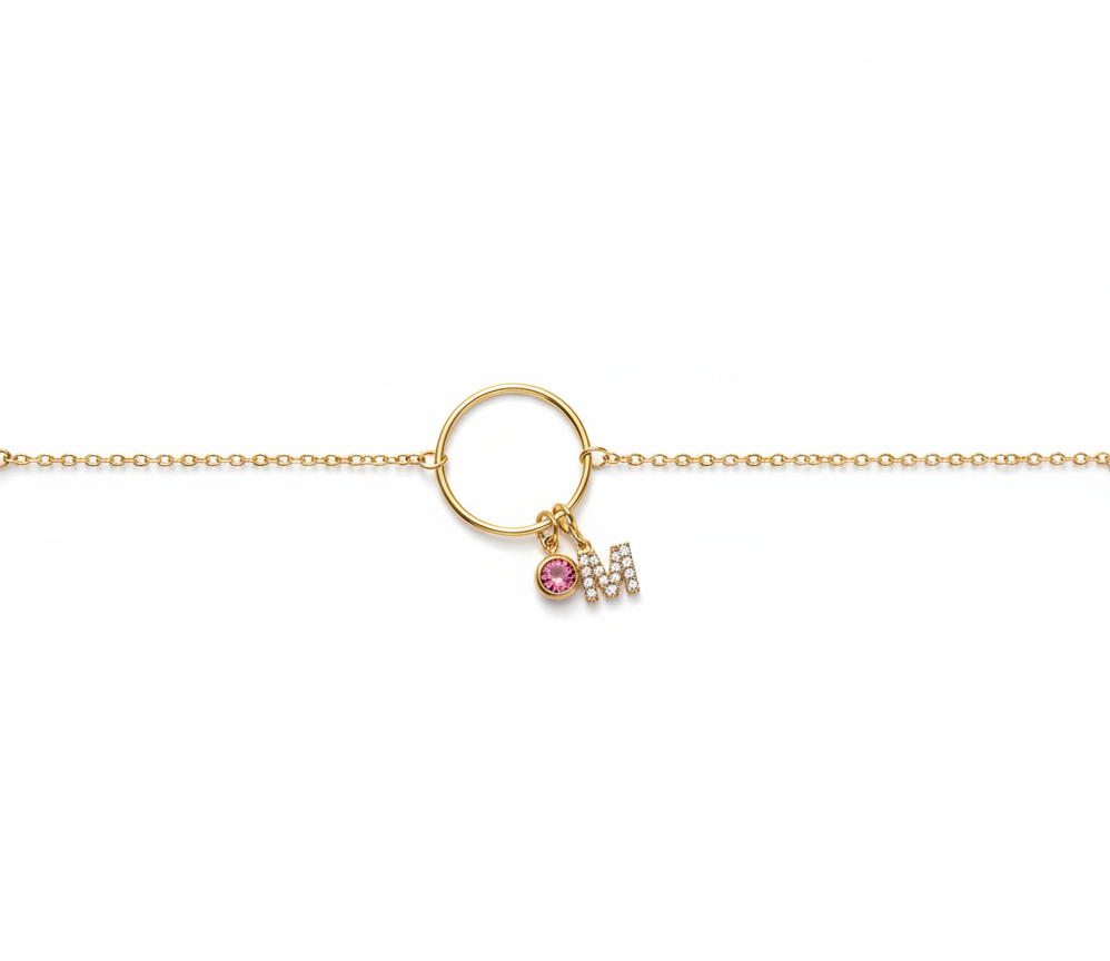 PULSERA ARO DE AMOR CON INICIAL DE CIRCONITAS Y CIRCONITA EVENTOS