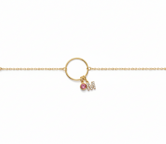 PULSERA ARO DE AMOR CON INICIAL DE CIRCONITAS Y CIRCONITA EVENTOS