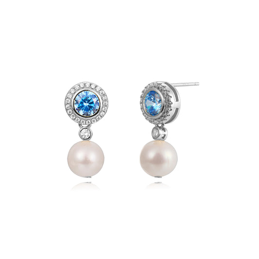 PENDIENTES CIELO DE PERLA CULTIVADA Y CIRCONITA AZUL PARA NOVIA Y BOCAS ESENZIA JOYERIA Y EVENTOS