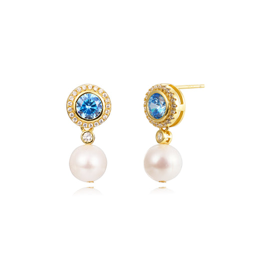 PENDIENTES CIELO DE PERLA CULTIVADA Y CIRCONITA AZUL PARA NOVIA Y BOCAS ESENZIA JOYERIA Y EVENTOS